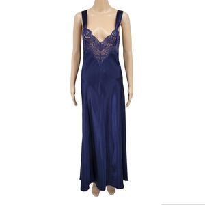Vanity Fair Vintage Blue Satin Maxi Length Slip Dress Open Back Lace Panel Chest